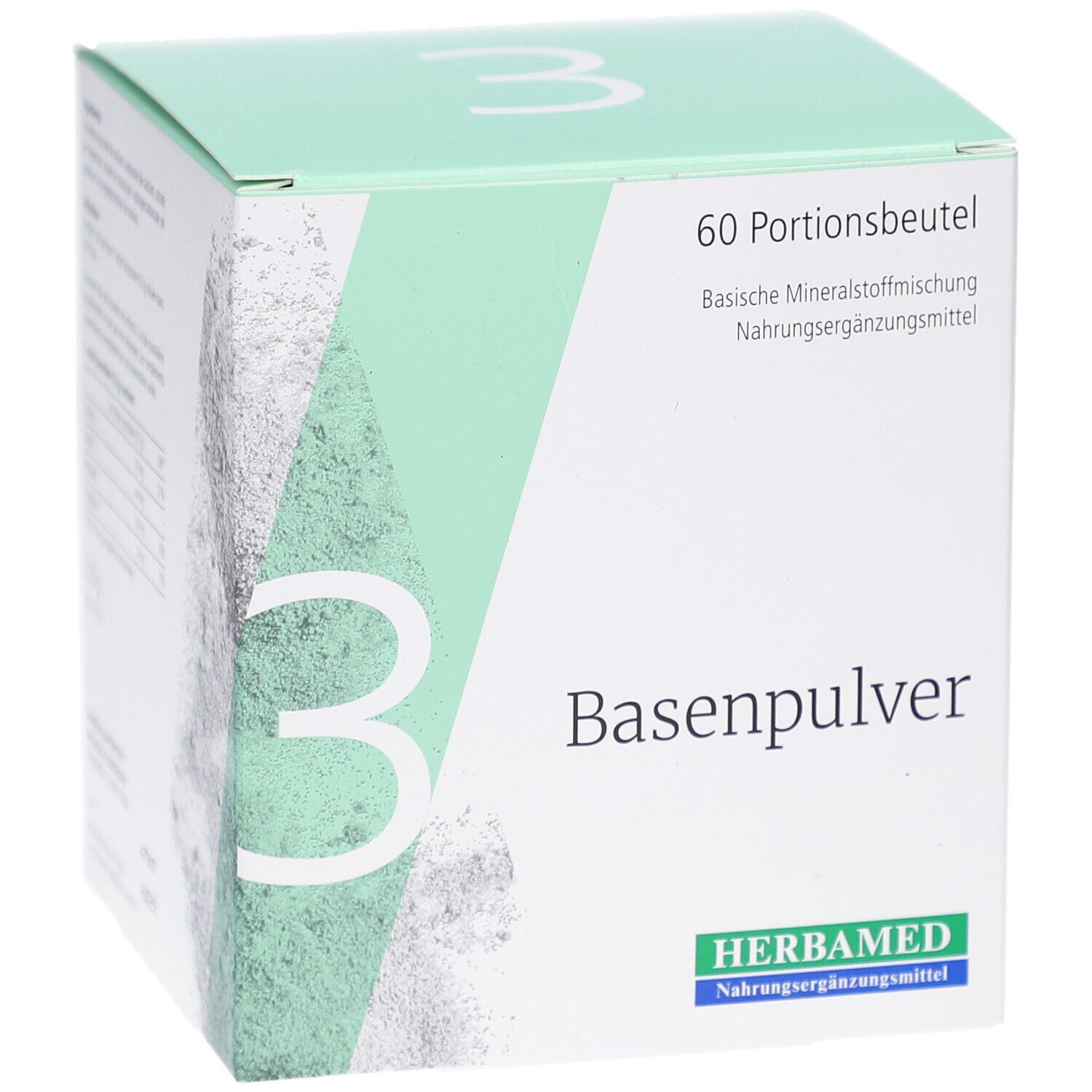 Boîte HERBAMED Basenpulver III. 60 sachets. Boîte blanche avec accents verts et informations sur le produit.