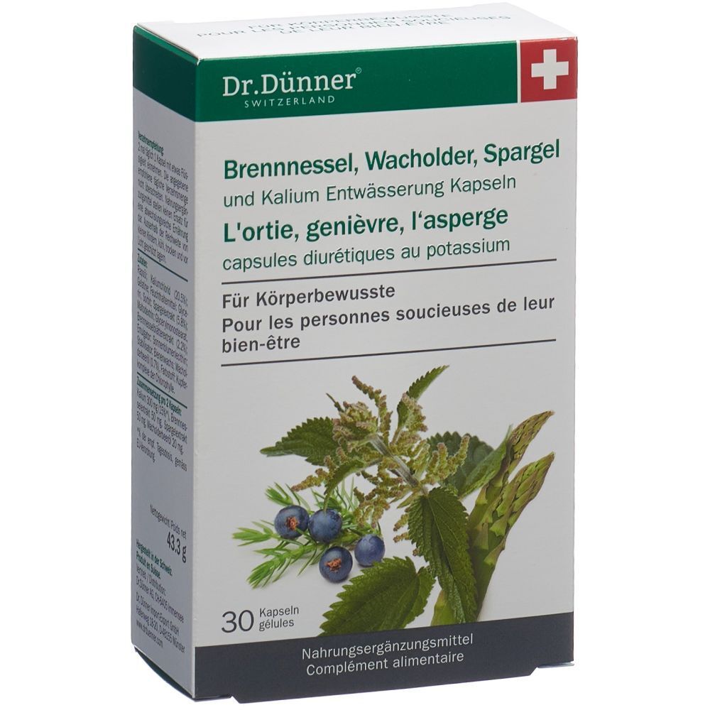 Kapseln-Packung mit Text: Brennnessel, Wacholder, Spargel. 30 Kapseln. Schweizer Kreuz. Dr. Dünner.