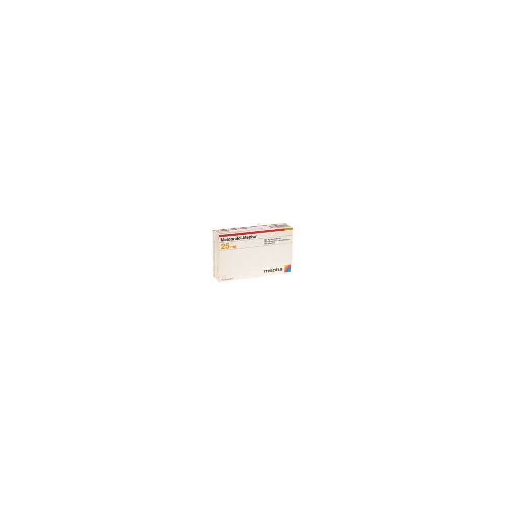 Karton METOPROLOL Mepha Depotabs 25 mg. Aufschrift: 25 mg, Mepha, Depotabs. Rechteckige Form, weiß mit roter und blauer Schrift.