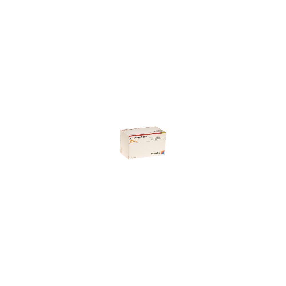 Karton METOPROLOL Mepha Depotabs 25 mg. Aufschrift: METOPROLOL Mepha Depotabs 25 mg. Herstellerlogo.