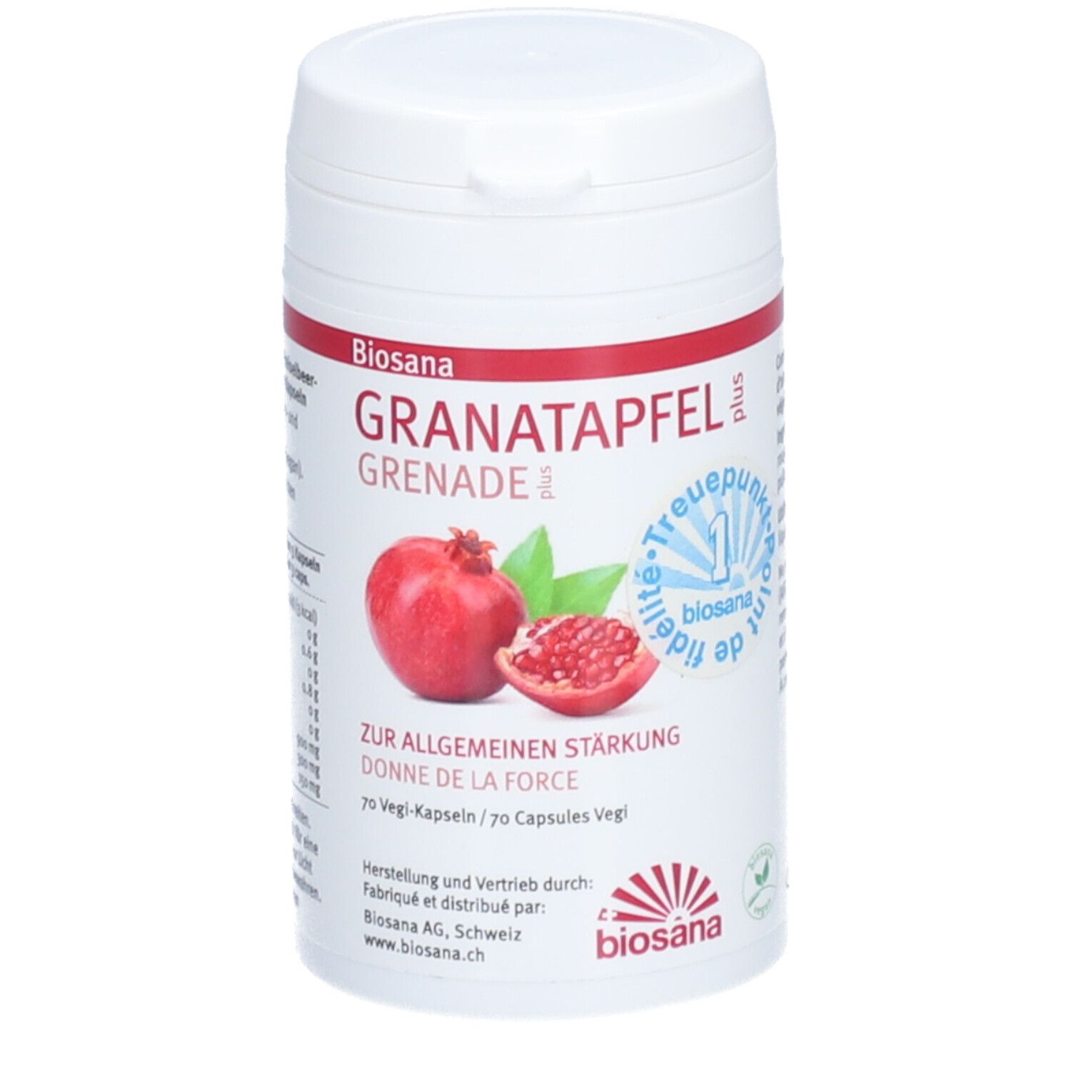 Weiße Dose mit roter Schrift. BIOSANA Granatapfel plus. Abbildung einer Granatapfel-Frucht. 70 Kapseln.