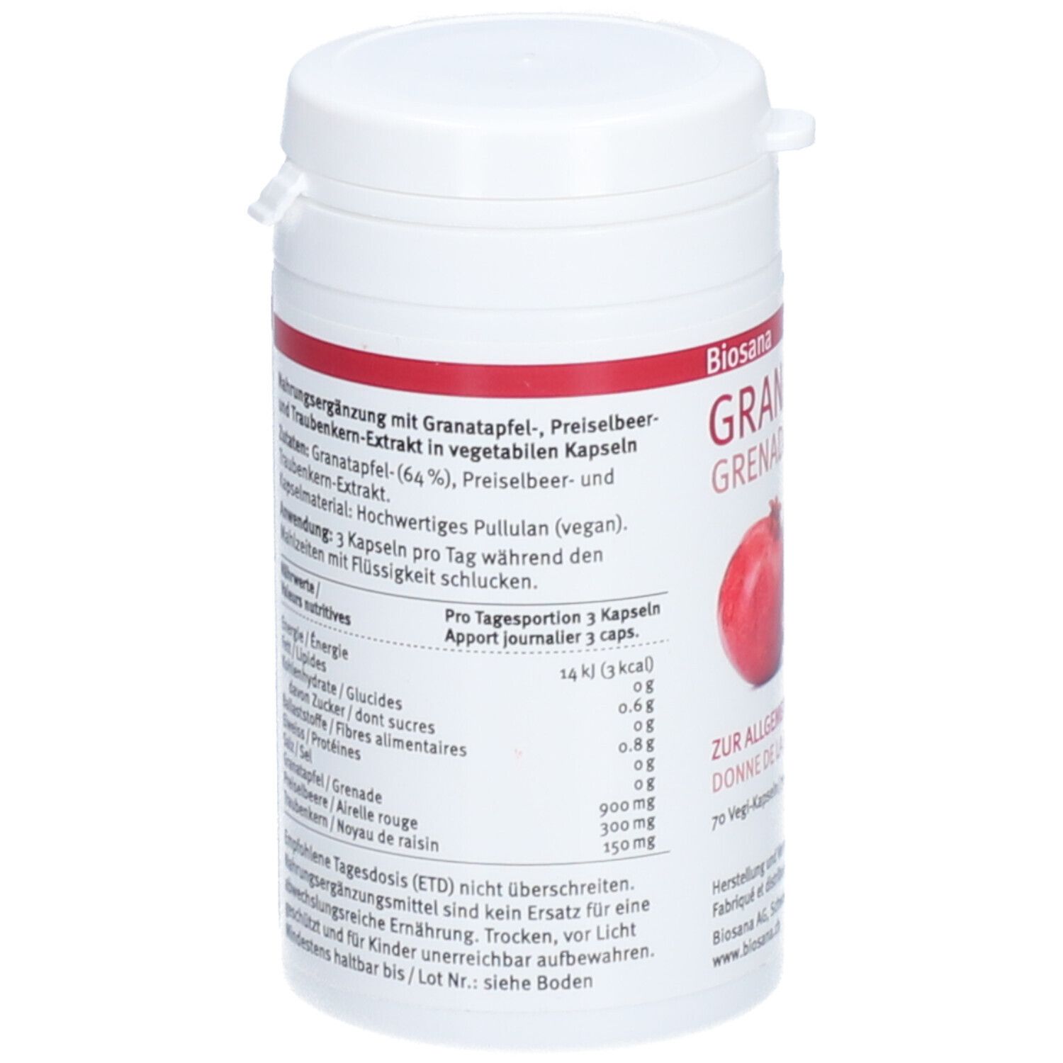 Rückseite der Dose. Auflistung der Inhaltsstoffe und Nährwerte. Text in Deutsch und Französisch. 3 Kapseln pro Tag.