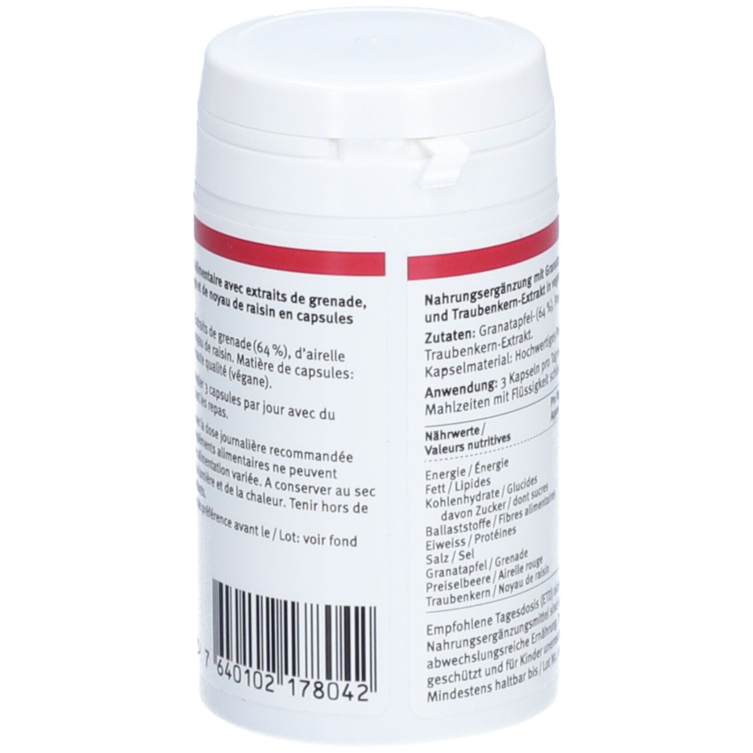 Rückseite der Dose. Text in Deutsch und Französisch. Barcode und Herstellerinformationen. Mindesthaltbarkeitsdatum.
