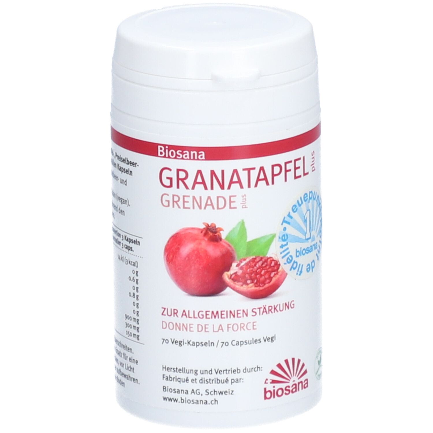 Weiße Dose mit roter Schrift. BIOSANA Granatapfel plus. Abbildung einer Granatapfel-Frucht. 70 Kapseln.