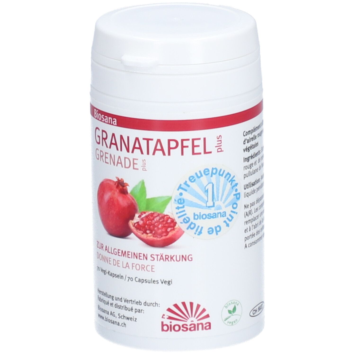 Weiße Dose mit roter Schrift. BIOSANA Granatapfel plus. Abbildung einer Granatapfel-Frucht. 70 Kapseln.