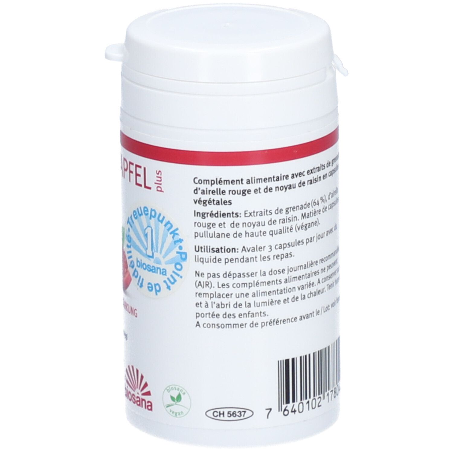 Rückseite der Dose. Text in Deutsch und Französisch. Barcode und Herstellerinformationen. Mindesthaltbarkeitsdatum.