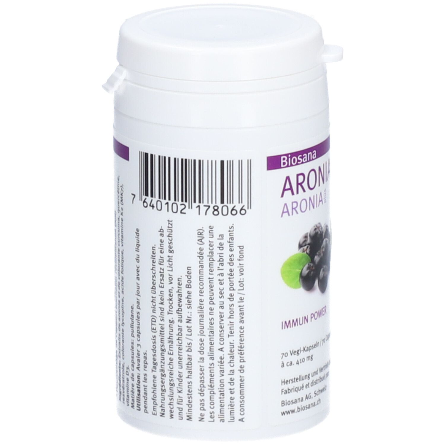 Rückseite der weißen Dose. Barcode und Textinformationen. Aufschrift: Aroniabeere plus, Abbildung von Aroniabeeren. Marke: Biosana.