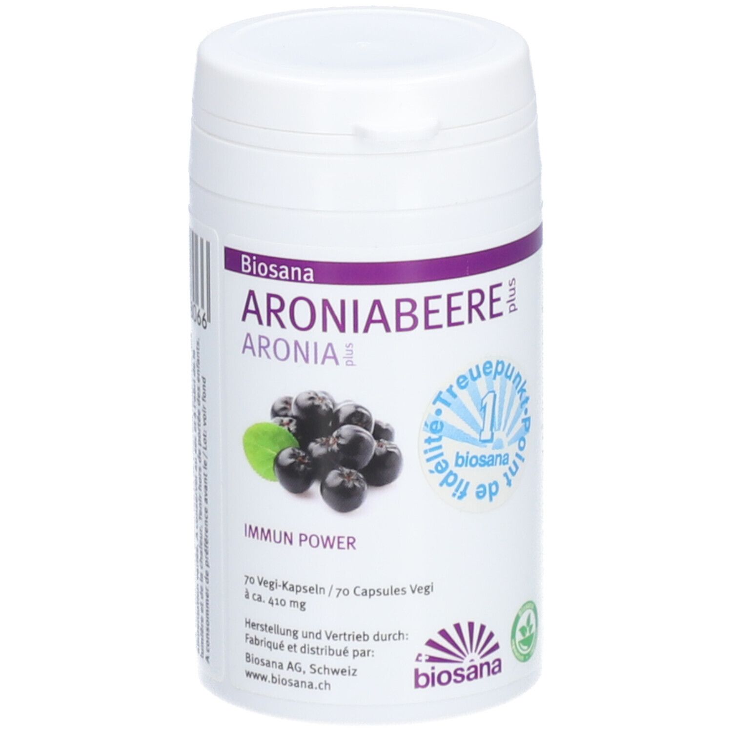 Weiße Dose mit lila Akzenten. Aufschrift: Aroniabeere plus, Abbildung von Aroniabeeren. 70 Kapseln. Marke: Biosana.