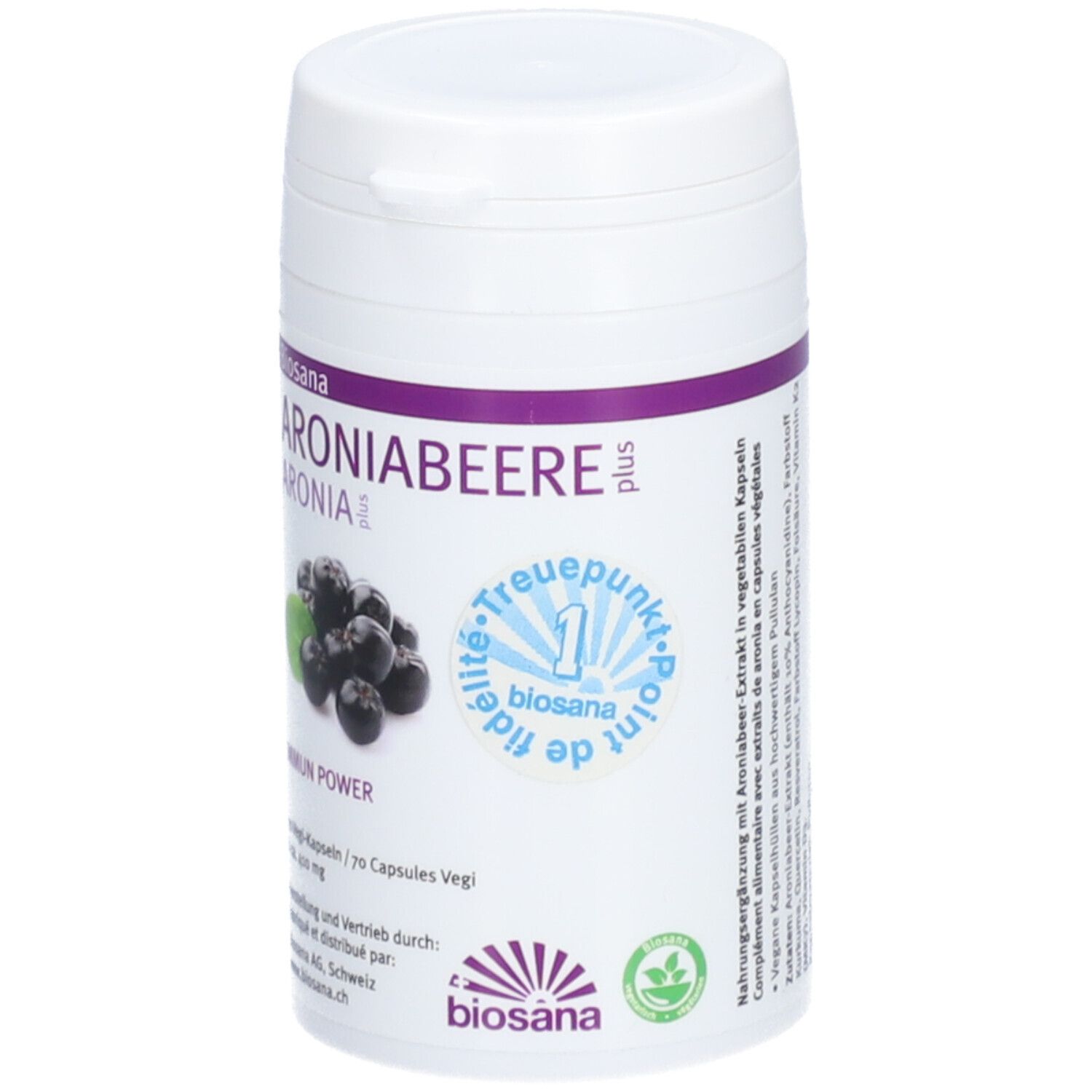 Weiße Dose mit lila Akzenten. Aufschrift: Aroniabeere plus, Abbildung von Aroniabeeren. Marke: Biosana. Treuepunkt-Logo.