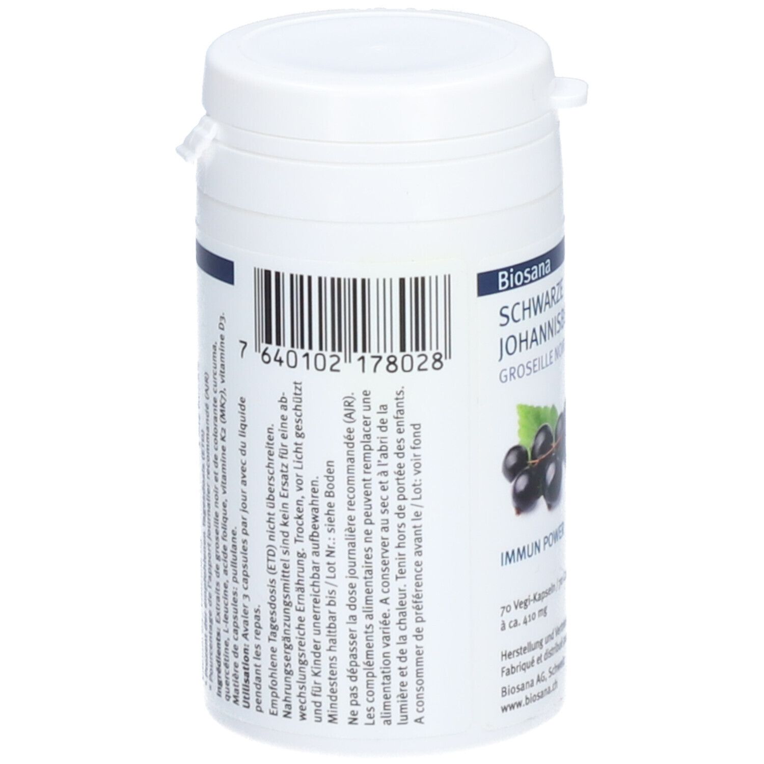 Weiße Dose, Rückseite mit Barcode und Text. Marke: Biosana. 70 Kapseln.