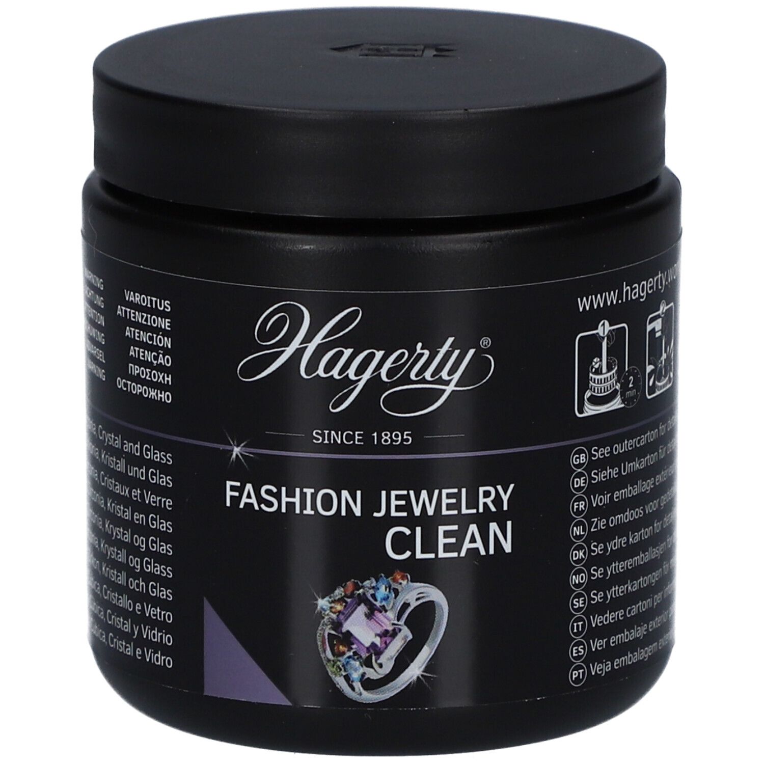 Schwarzer Behälter mit Hagerty Fashion Jewelry Clean Aufschrift und Abbildung eines Rings.