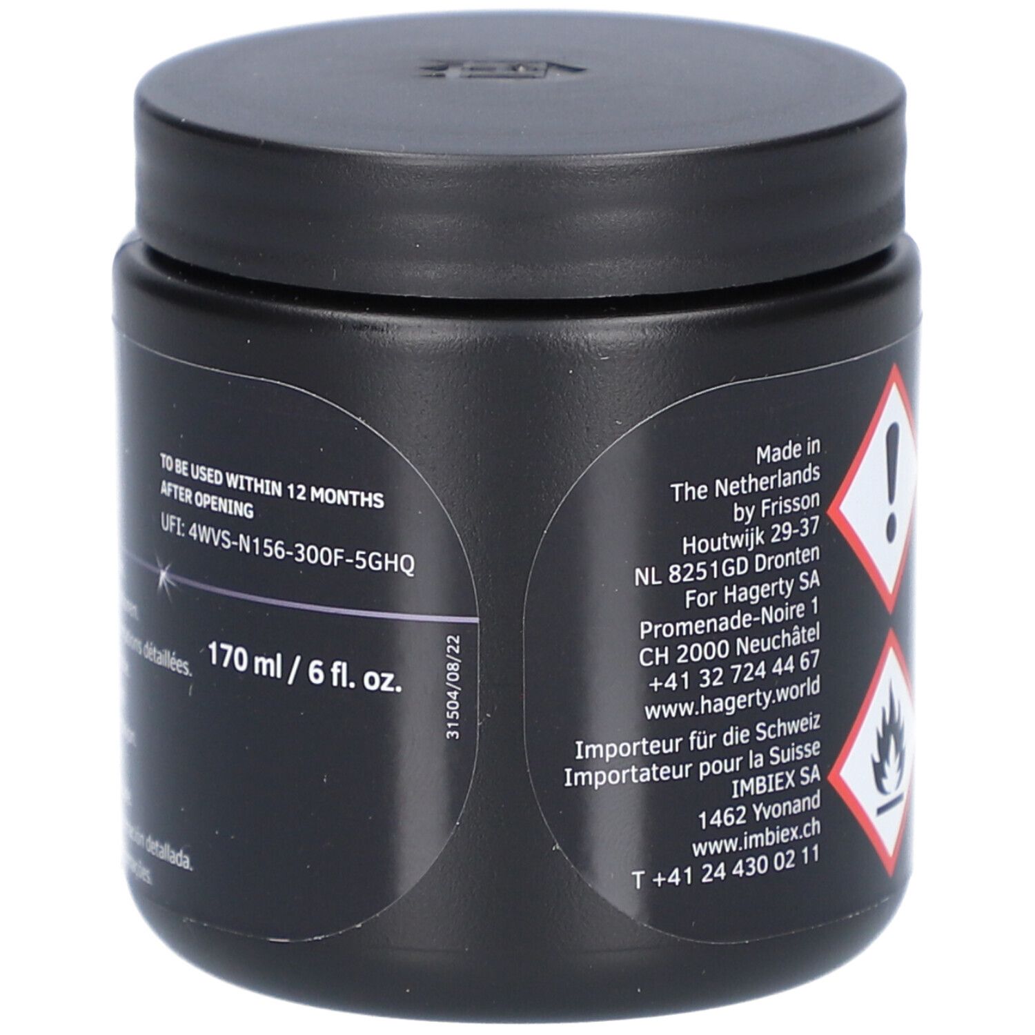 Schwarzer Behälter mit Etikett, 170 ml / 6 fl. oz. Enthält Warnsymbole und Herstellerinformationen.