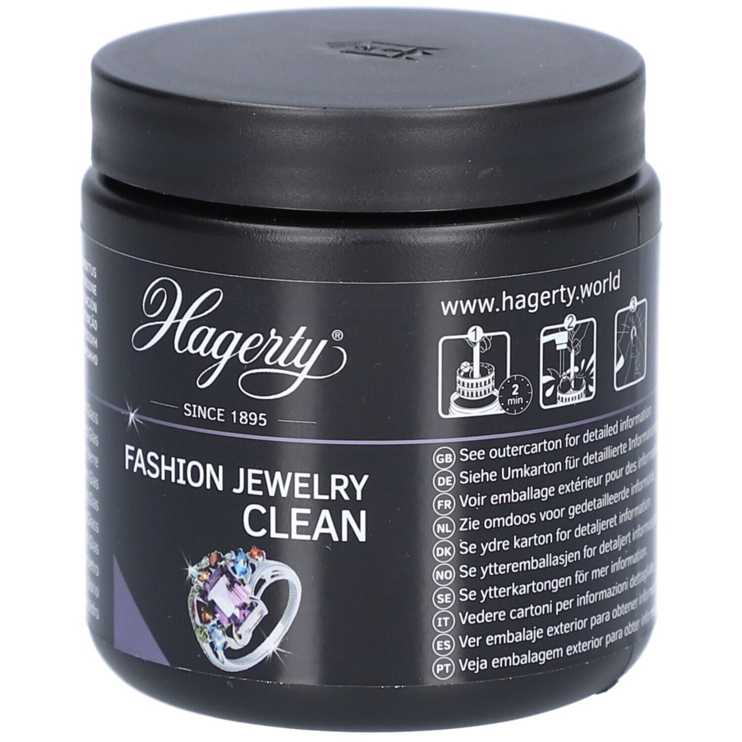 Schwarzer Behälter mit Hagerty Fashion Jewelry Clean Aufschrift und Abbildungen von Schmuckreinigung.