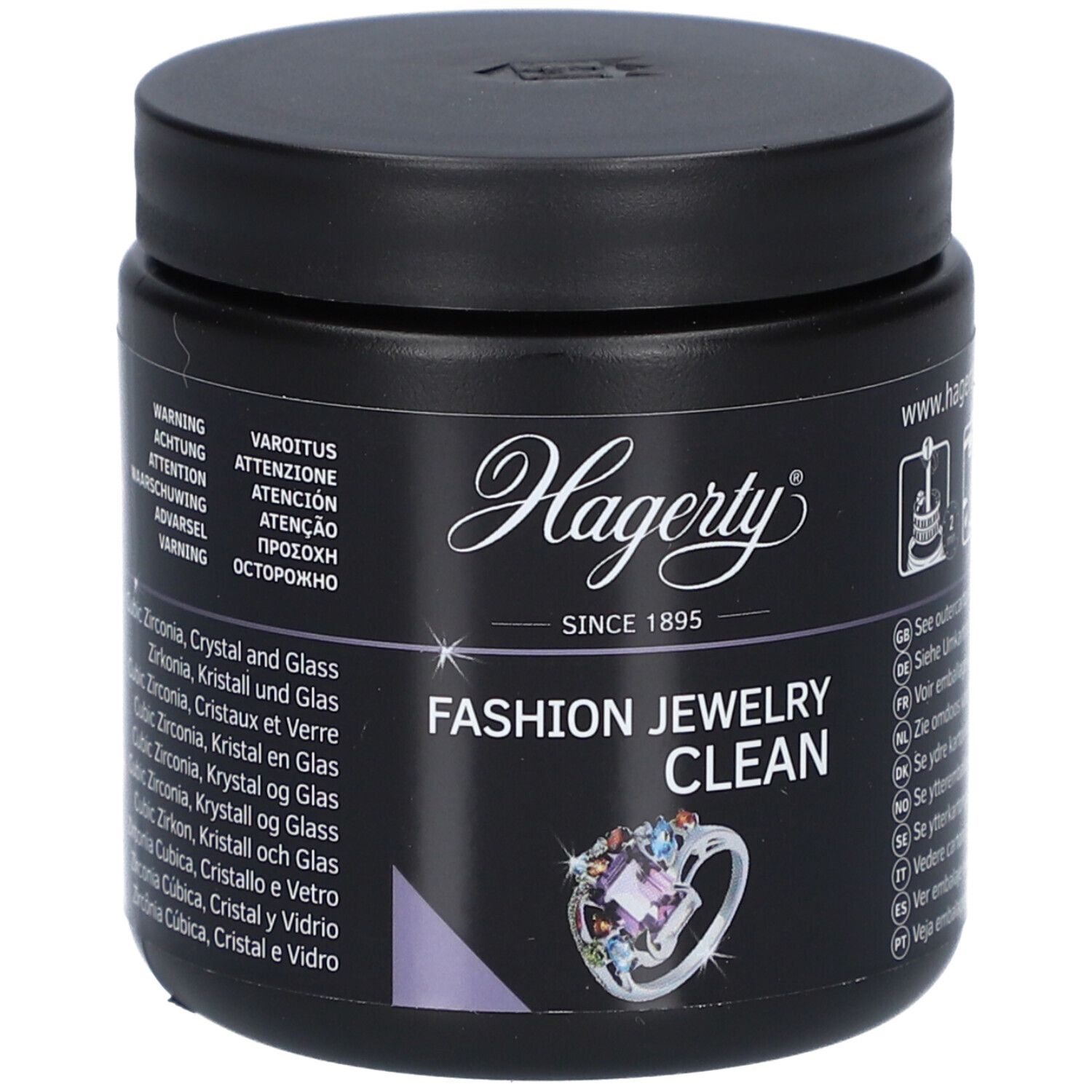 Schwarzer Behälter mit Hagerty Fashion Jewelry Clean. Enthält eine Abbildung eines Rings mit Edelsteinen.