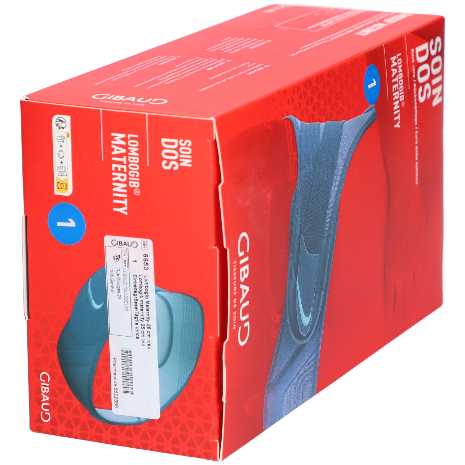 Boîte rouge avec ceinture lombaire bleue. Texte: SOIN DOS, LOMBOGIB MATERNITY, GIBAUD. Autocollant avec informations produit.