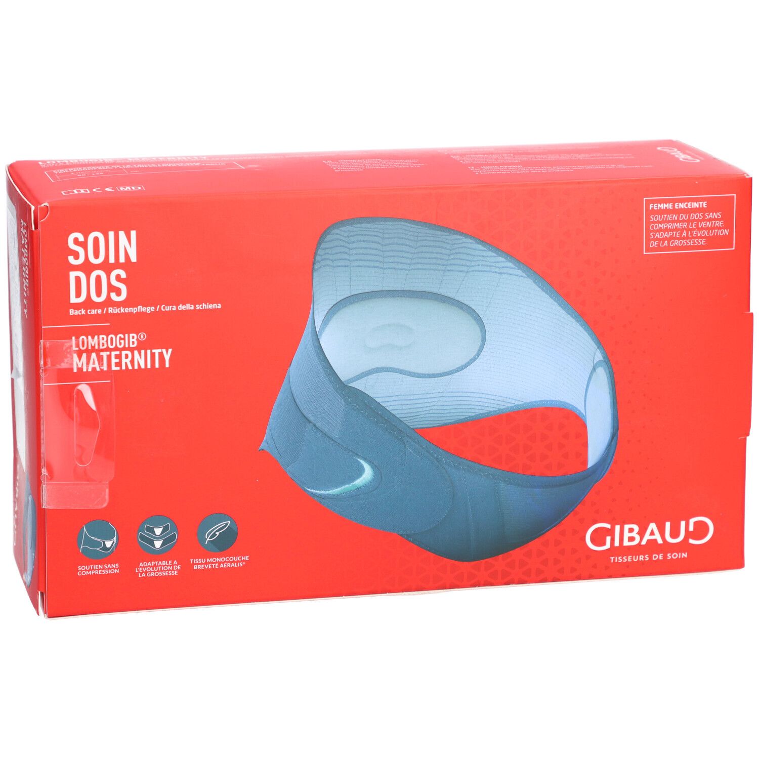 Boîte rouge avec contour bleu d'une ceinture lombaire. Texte: SOIN DOS, LOMBOGIB MATERNITY, GIBAUD.