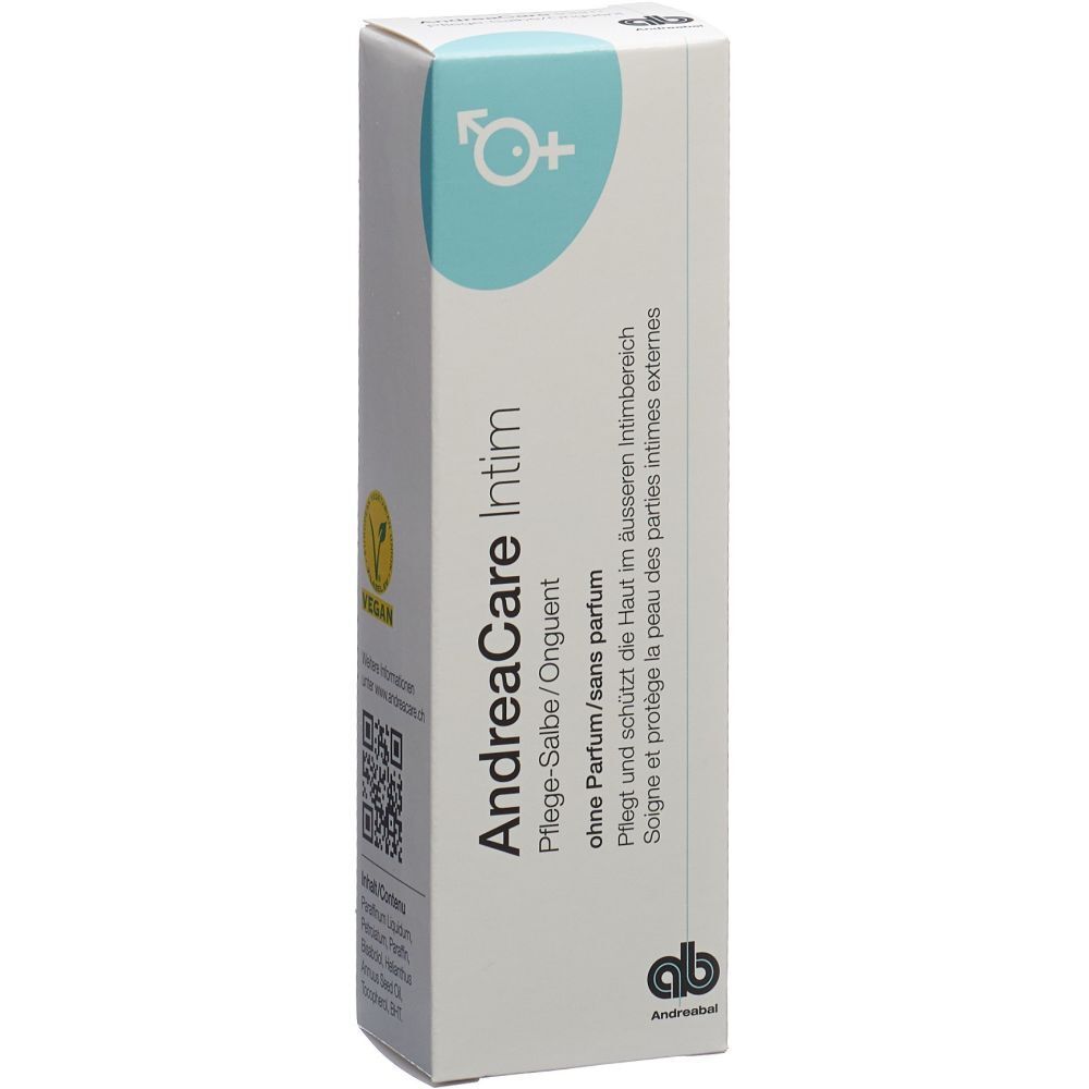 Karton mit Produktinformationen. Aufschrift: AndreaCare Intim, Pflege-Salbe/Onguent, ohne Parfum/sans parfum.