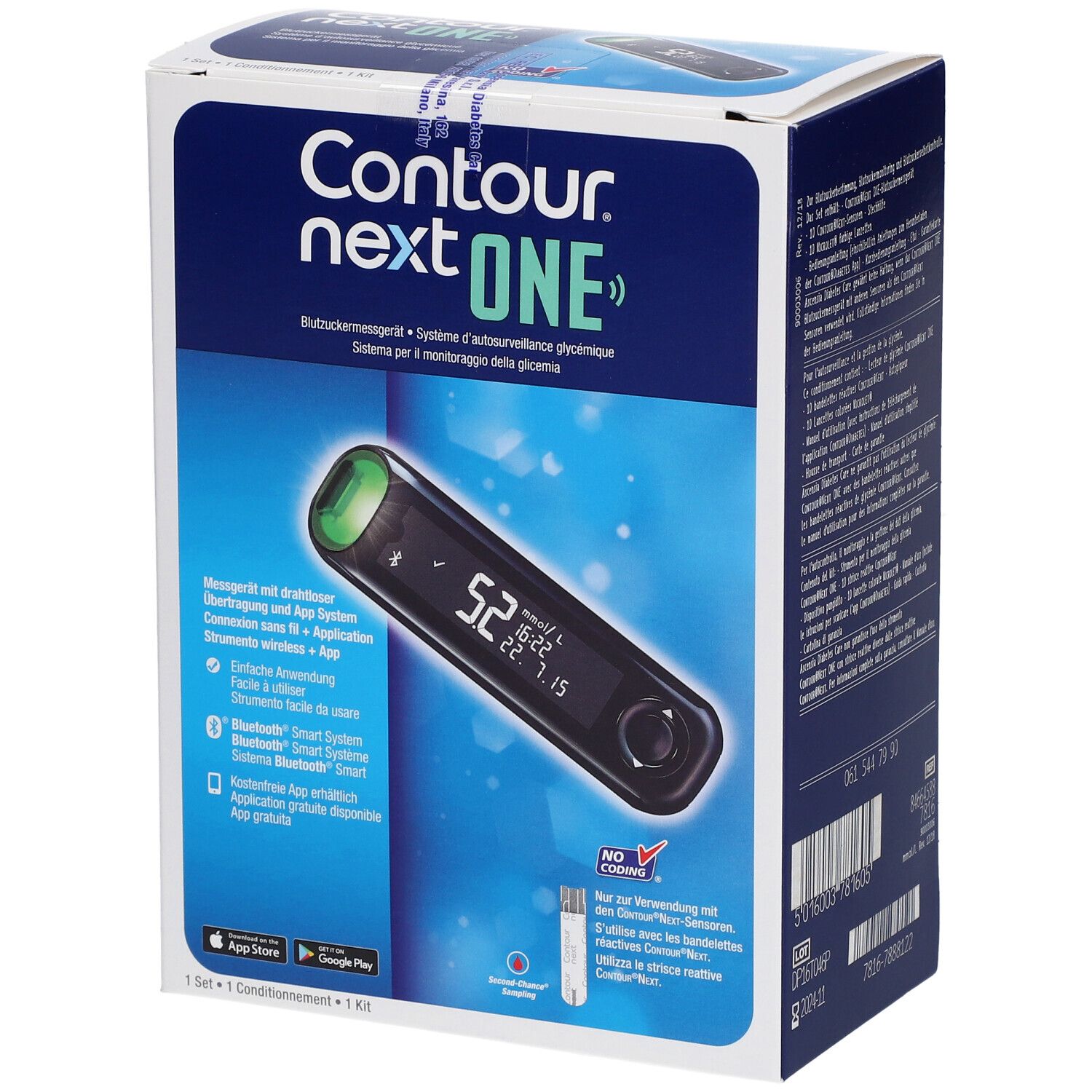 Boîte Contour next ONE. Appareil de mesure de la glycémie avec écran. Contient un appareil et des accessoires.