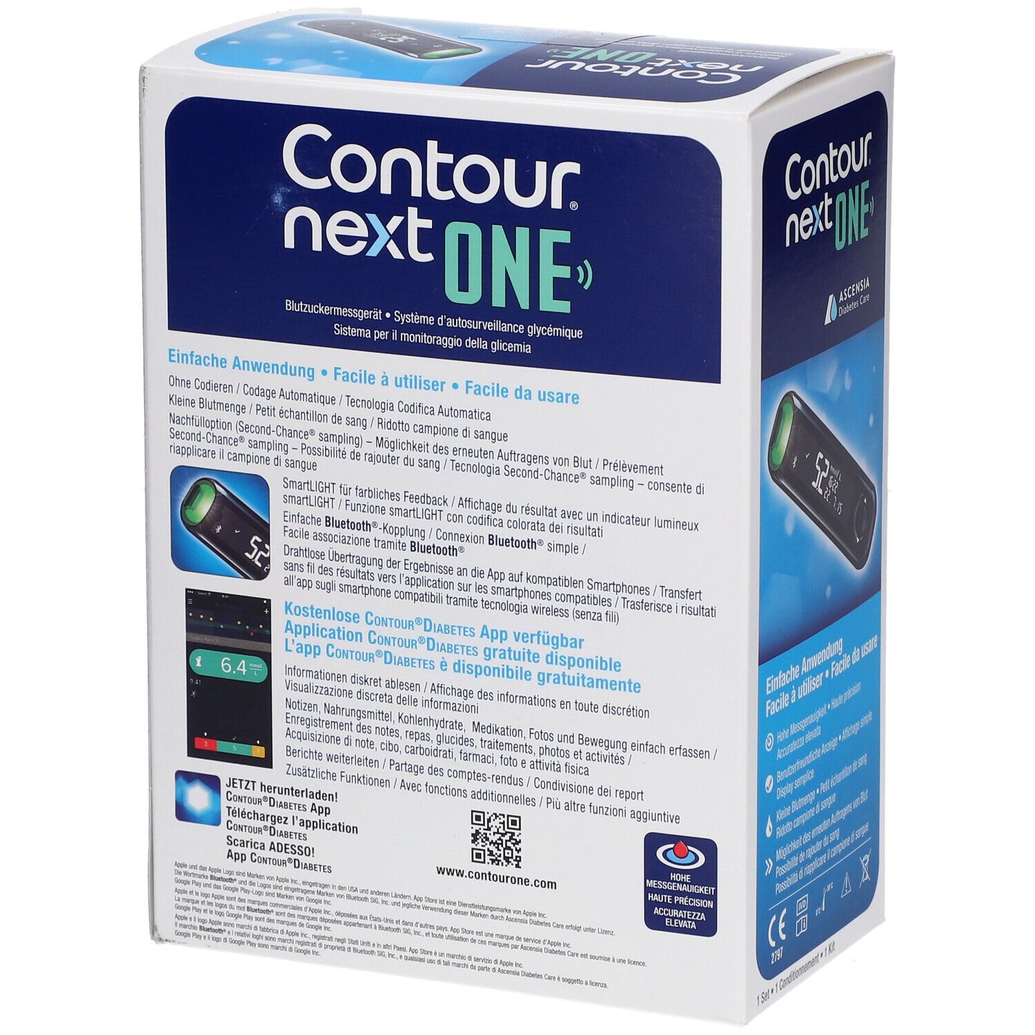 Dos de la boîte Contour next ONE. Texte en allemand, français, italien et néerlandais.