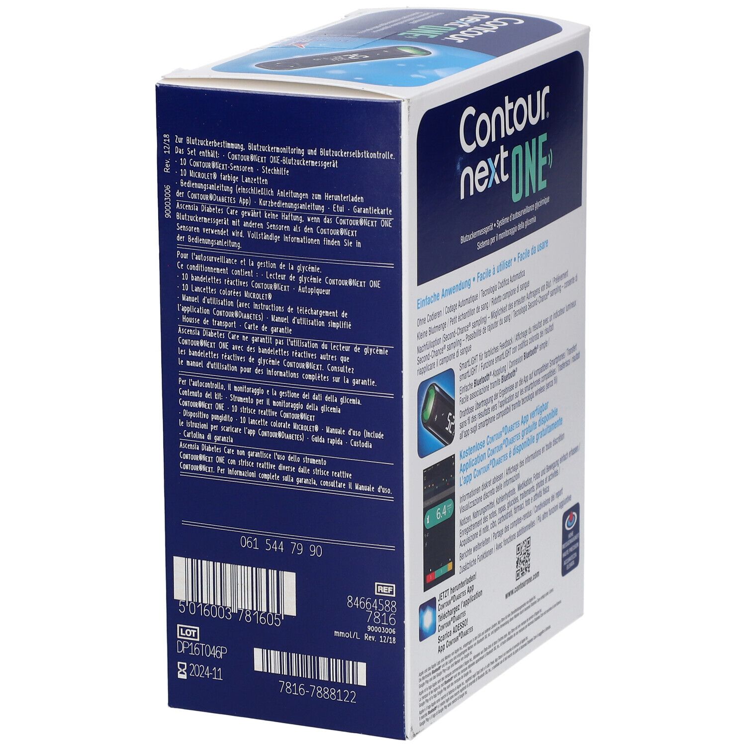 Côté de la boîte Contour next ONE. Texte et code QR. Contient des informations sur le produit.