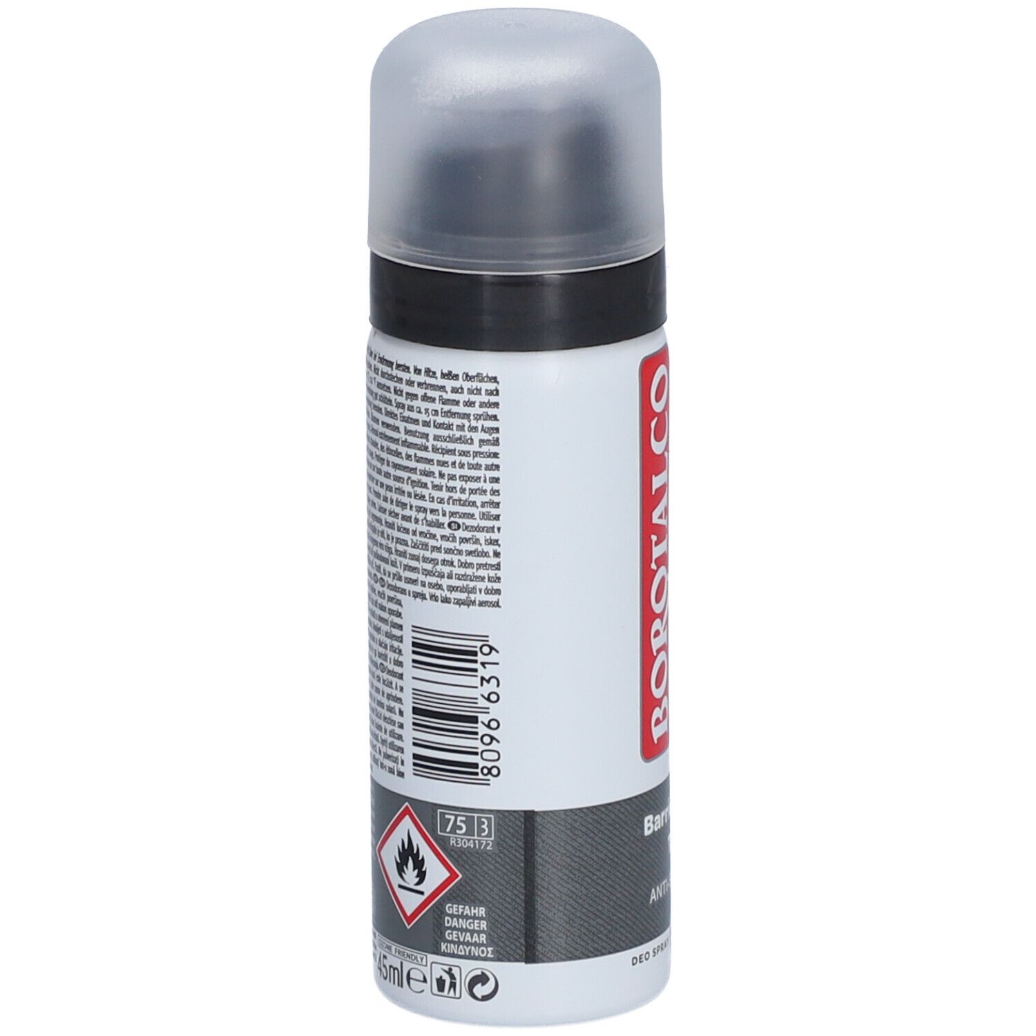 Deospray-Rückseite mit Barcode, Warnsymbol und Text. Text: GEFAHR, 75 ml.