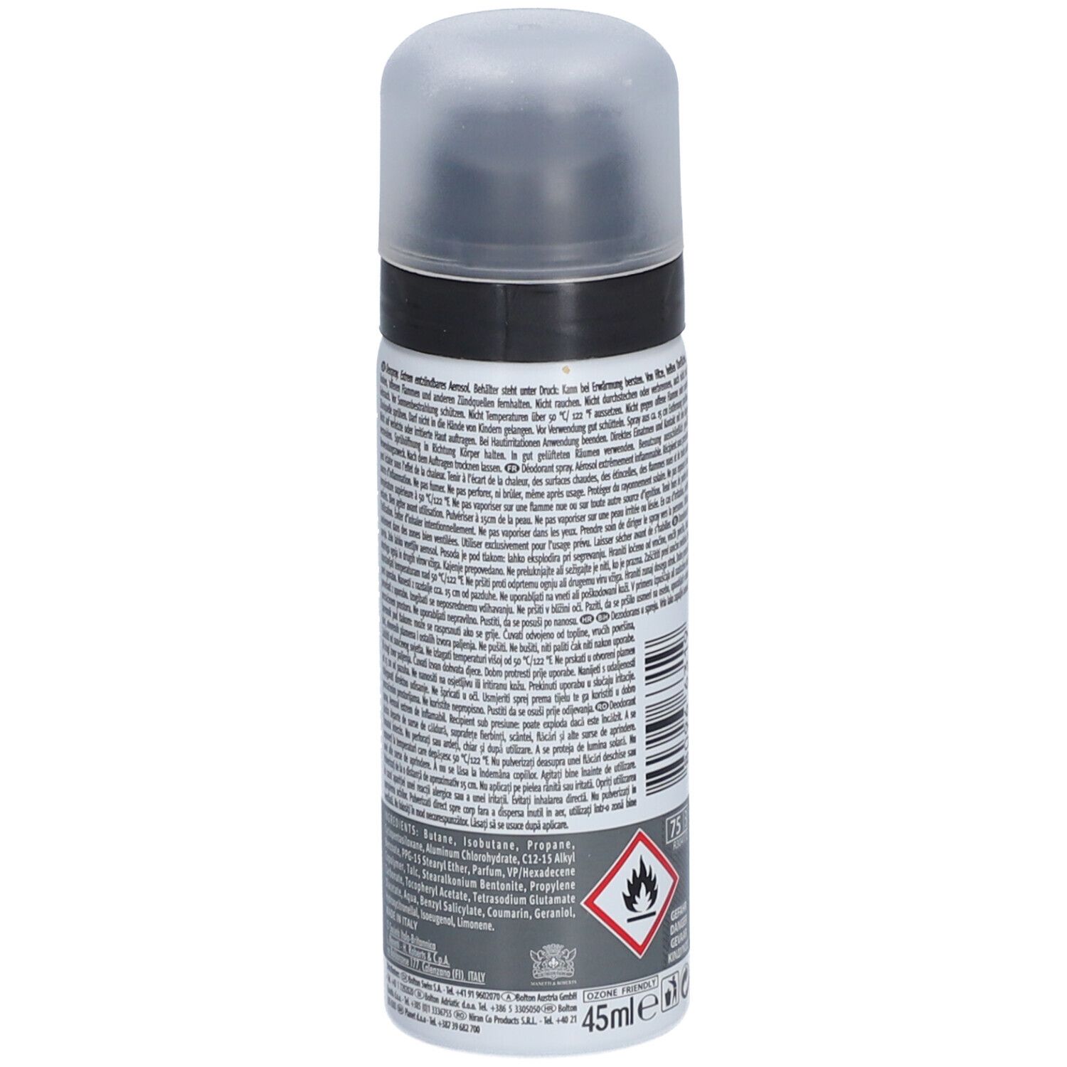Deospray-Rückseite mit Text und Warnsymbol. Text: 45ml, Inhaltsstoffe.