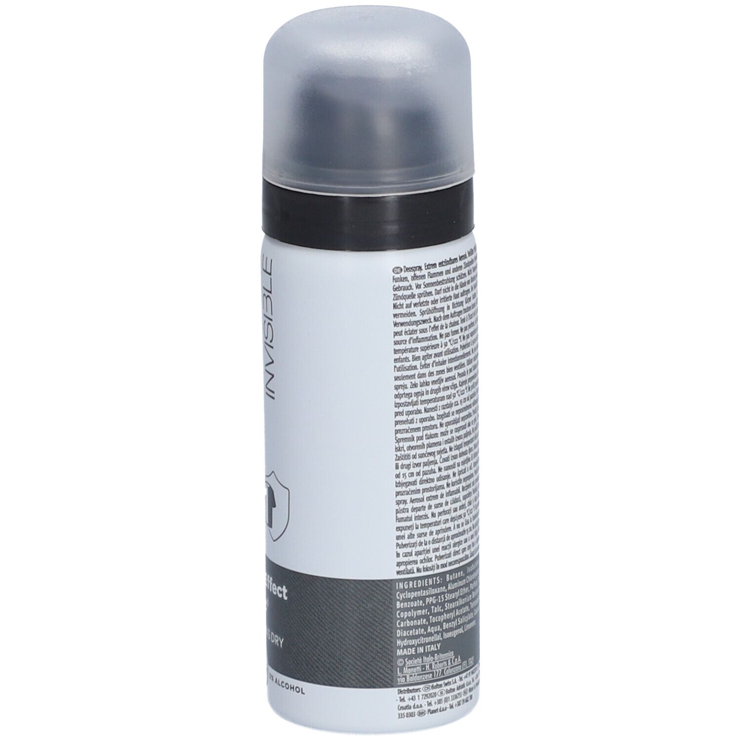 Deospray-Rückseite mit Text. Text: INVISIBLE, Barrier Effect Talc, Inhaltsstoffe.