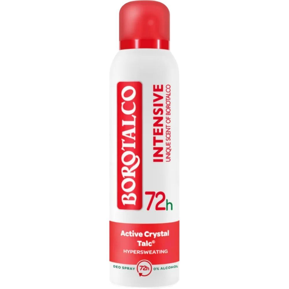 Deospray mit roter Kappe und weißem Behälter. Aufschrift: BOROTALCO, INTENSIVE, 72h, Active Crystal Talc, Hypersweating.