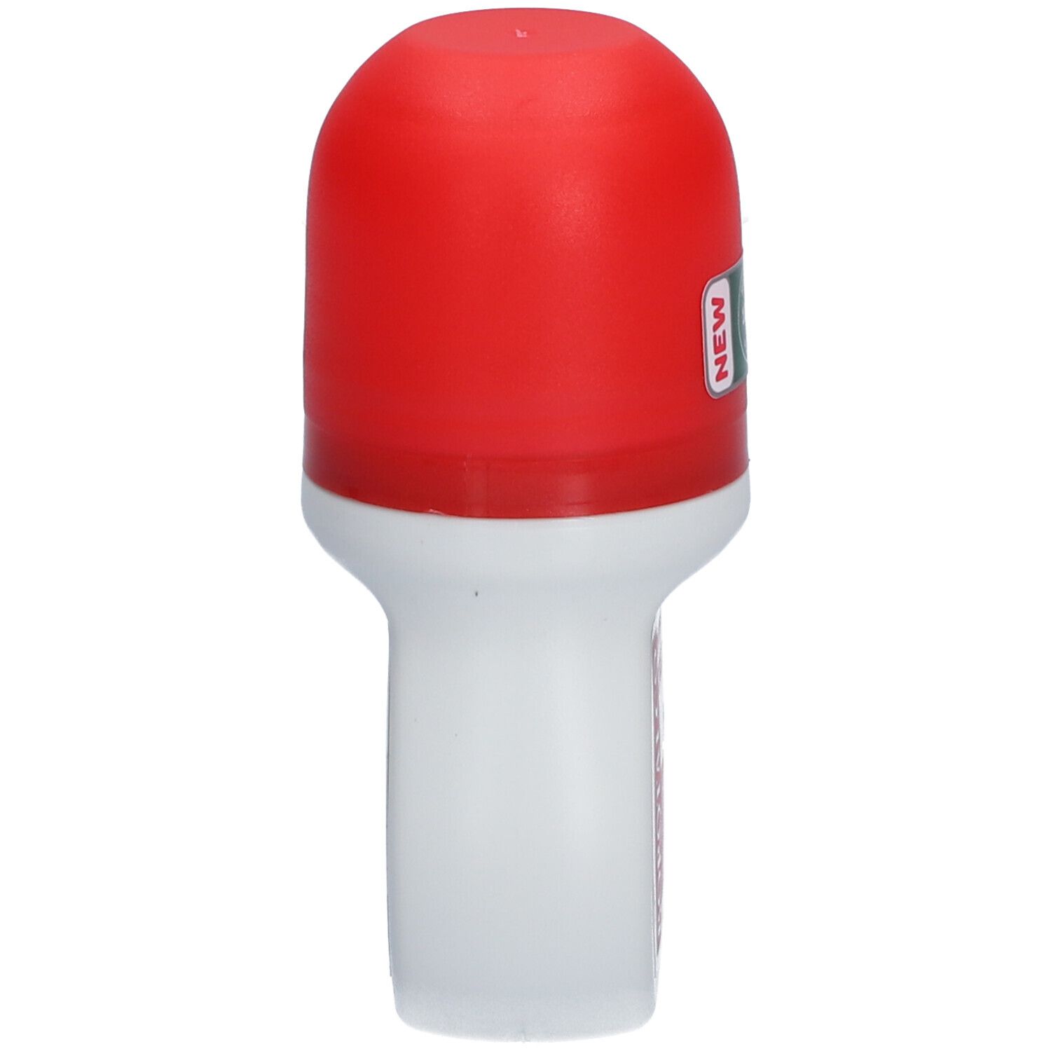 Weißer Roll-on mit rotem Deckel. Seitenansicht. Aufschrift nicht lesbar.