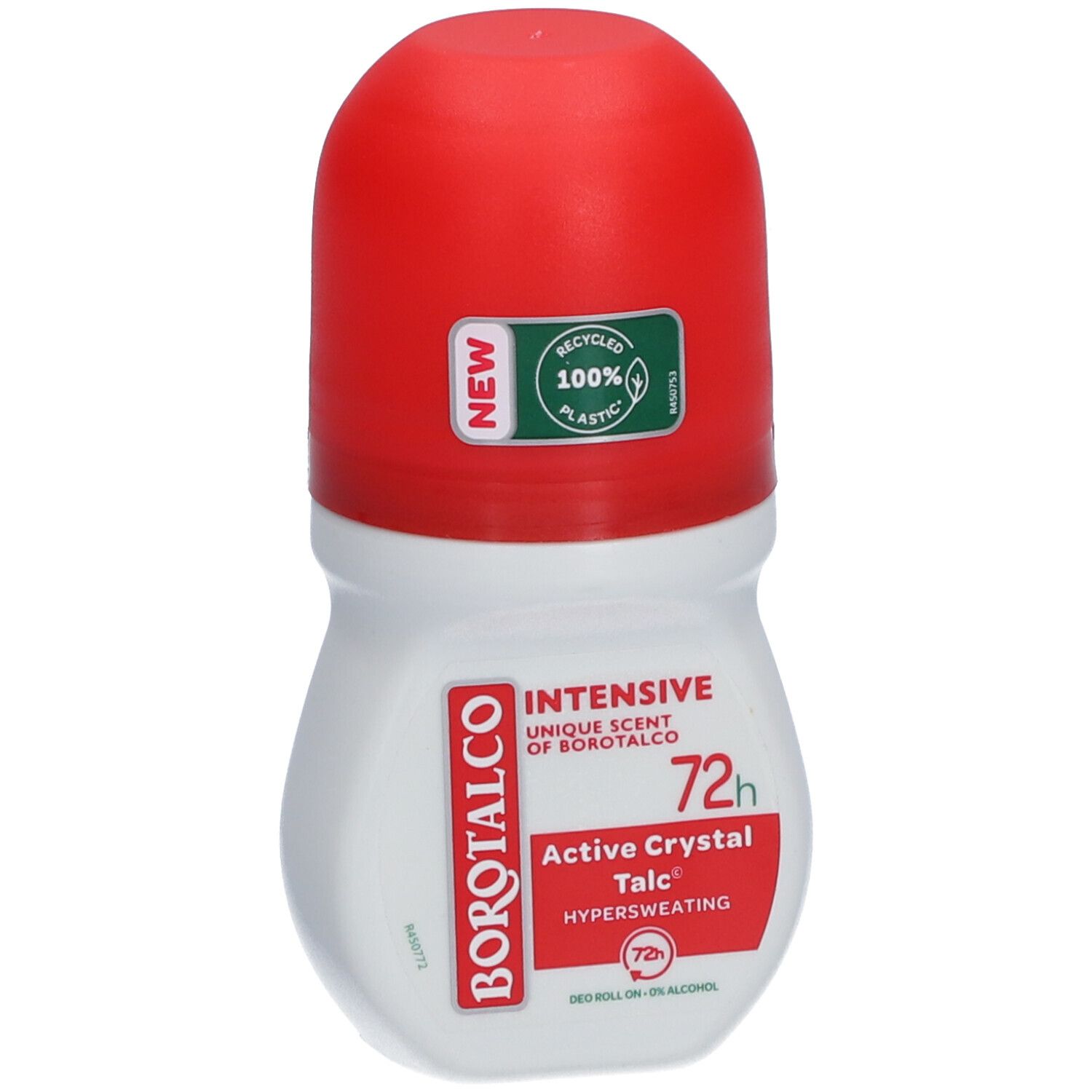 Weiß-roter Roll-on. Aufschrift: BOROTALCO, INTENSIVE, 72h, Active Crystal Talc, Hypersweating. Mit Recycling-Siegel.