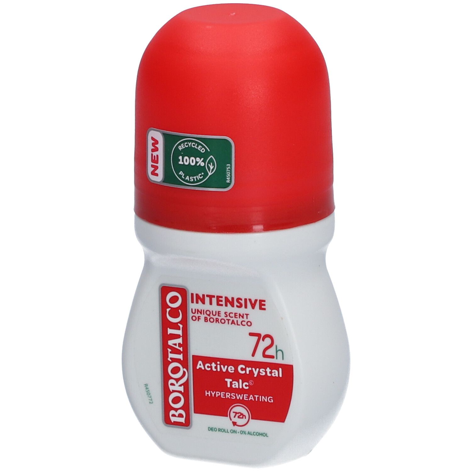 Weiß-roter Roll-on. Aufschrift: BOROTALCO, INTENSIVE, 72h, Active Crystal Talc, Hypersweating. Mit Recycling-Siegel.