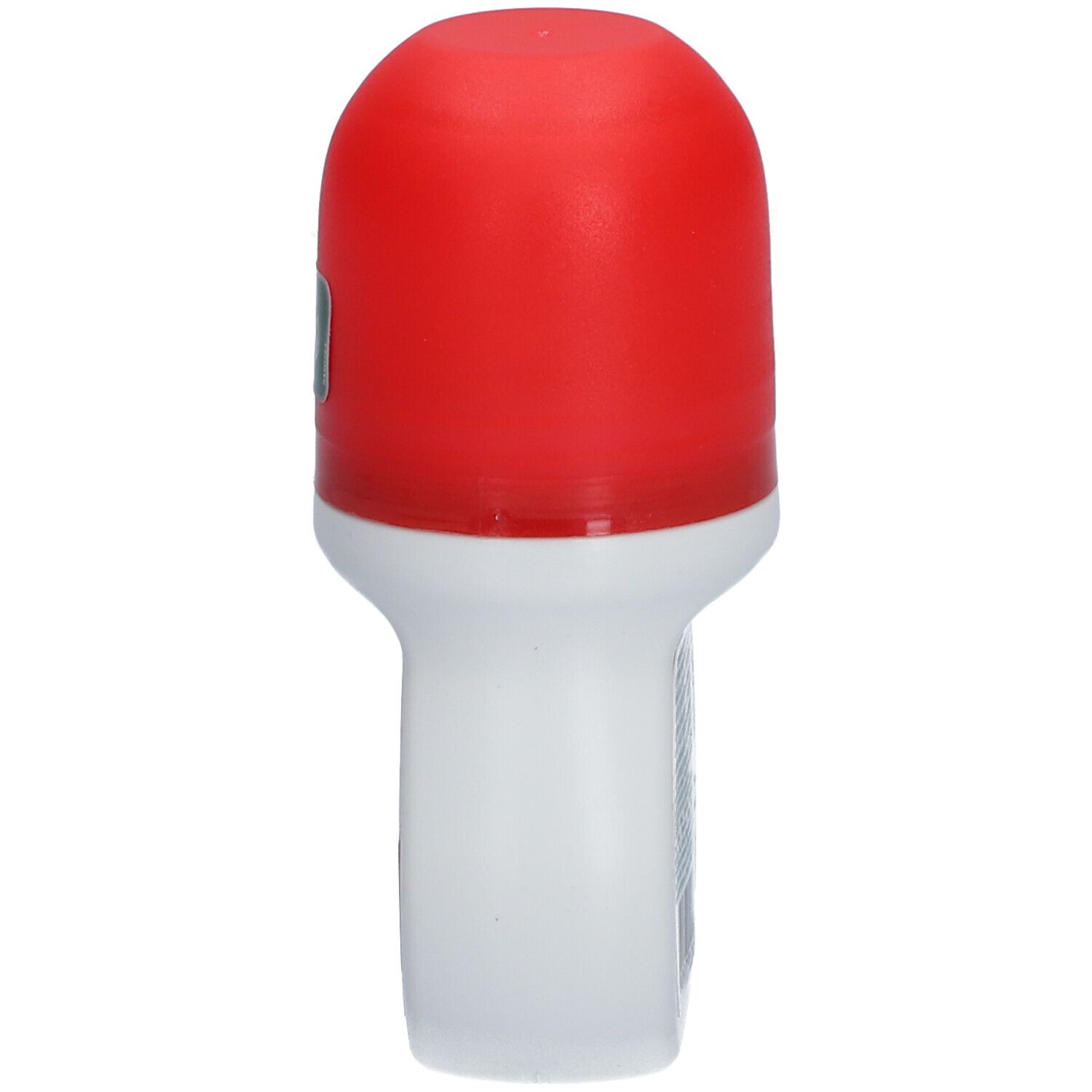 Weißer Roll-on mit rotem Deckel. Seitenansicht. Aufschrift nicht lesbar.