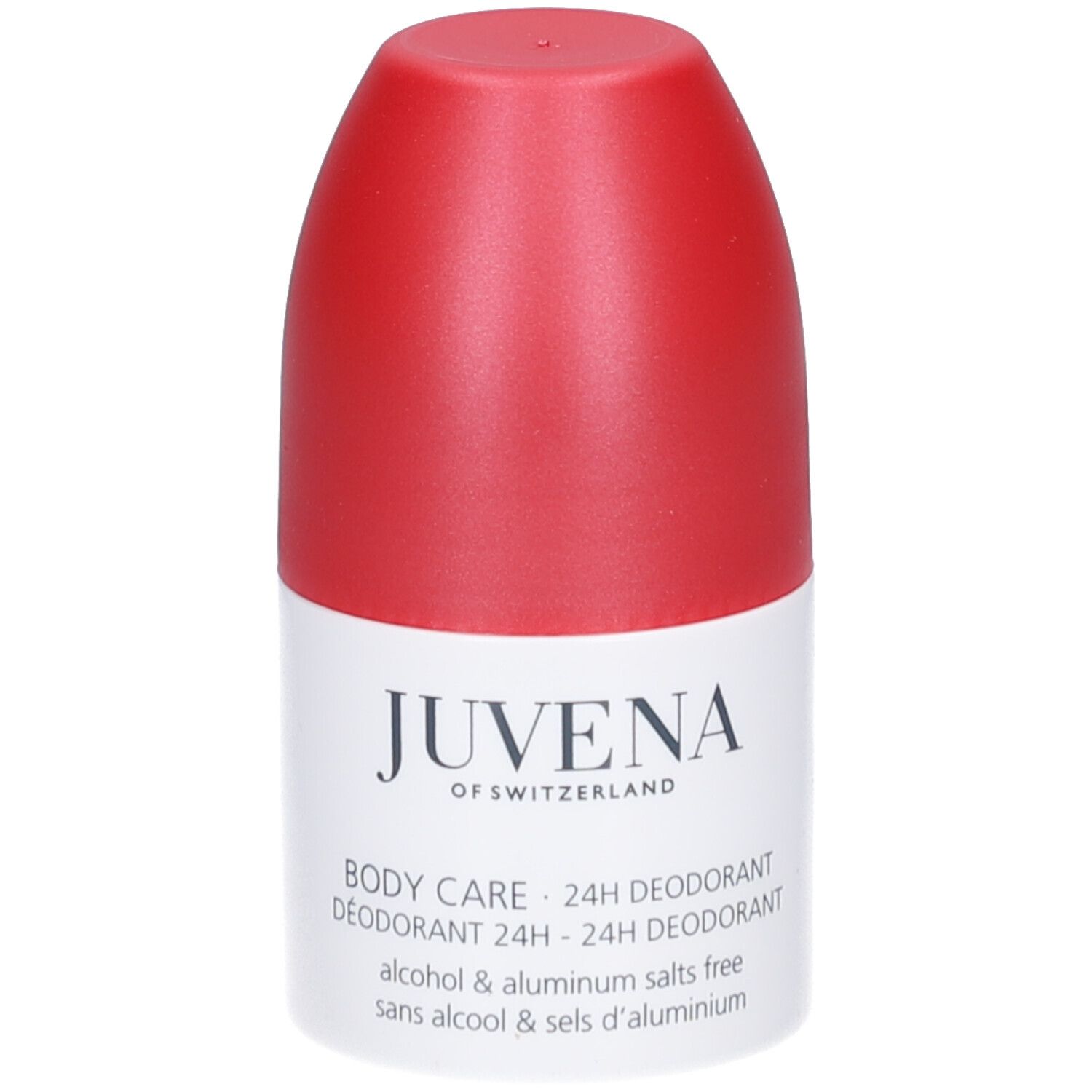Deodorant-Roller mit rotem Deckel. Weißes Etikett mit Text: Juvena, Body Care, 24h Deodorant.