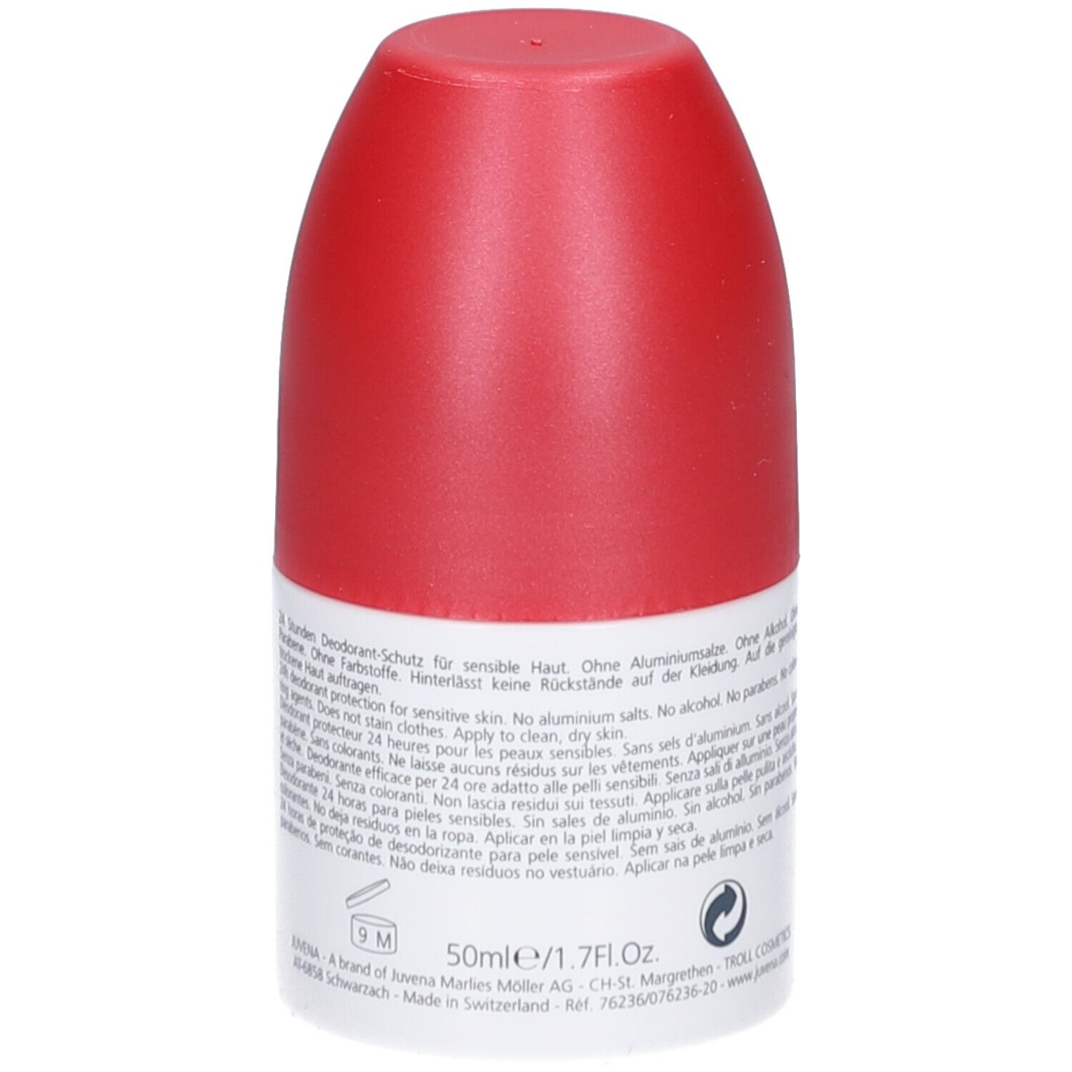 Deodorant-Roller mit rotem Deckel. Text auf dem Etikett: Juvena, Body Care, 24h Deodorant.
