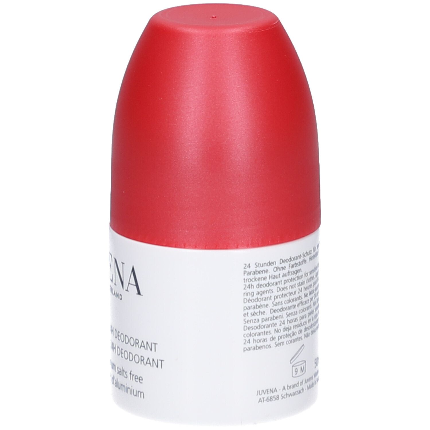 Deodorant-Roller mit rotem Deckel. Text auf dem Etikett: Juvena, Body Care, 24h Deodorant.