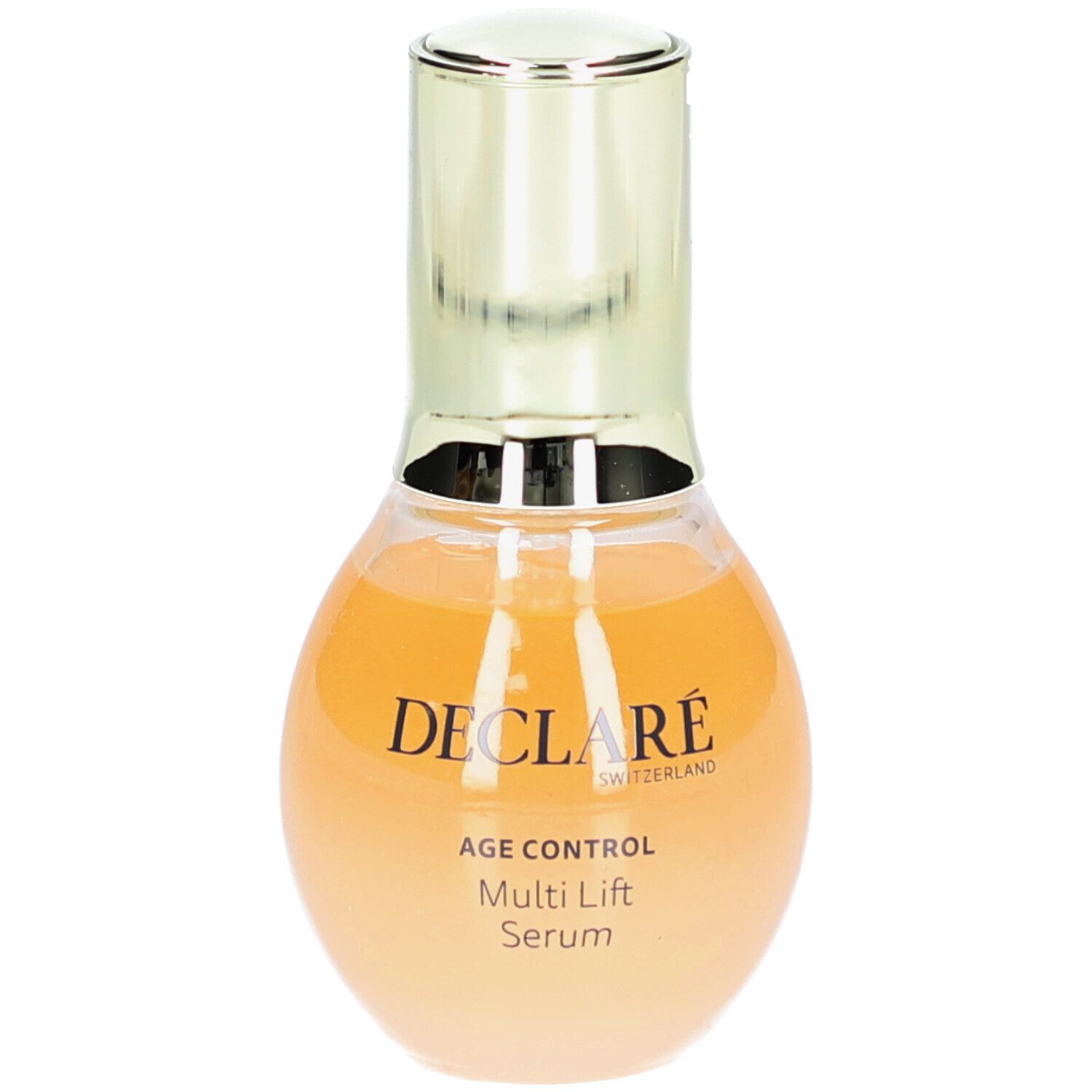 Deklaré Age Control Multi Lift Serum. Flasche mit goldfarbenem Verschluss. Flüssigkeit in Gelb-Orange.