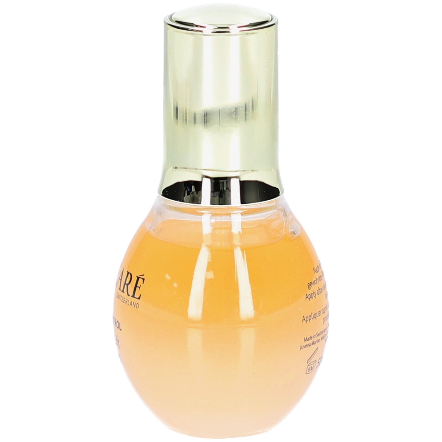 Deklaré Age Control Multi Lift Serum. Rückseite der Flasche mit Text. Gelb-orange Flüssigkeit.