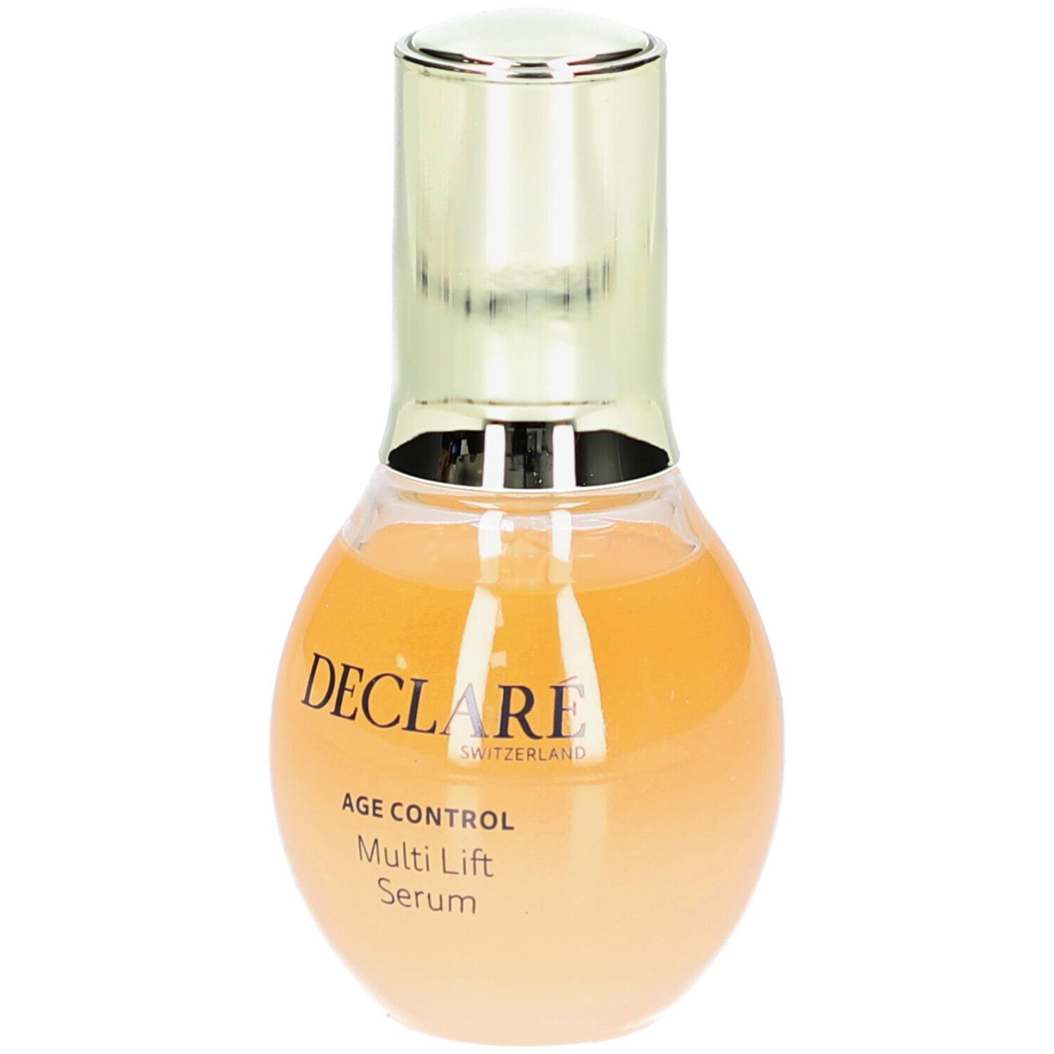 Deklaré Age Control Multi Lift Serum. Flasche mit goldfarbenem Verschluss. Text auf dem Etikett.