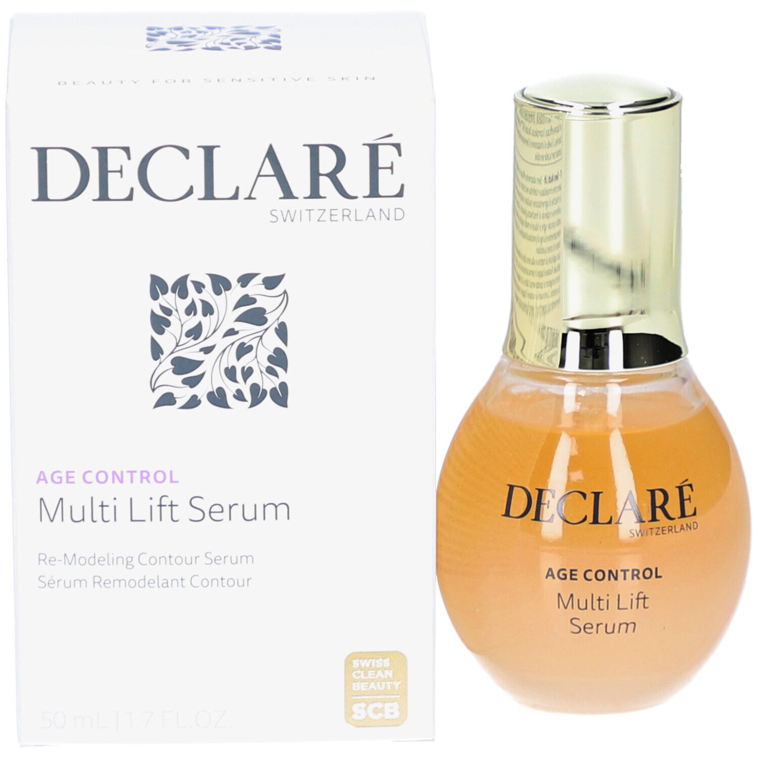 Deklaré Age Control Multi Lift Serum. Flasche und Verpackung. Text auf Verpackung und Flasche.
