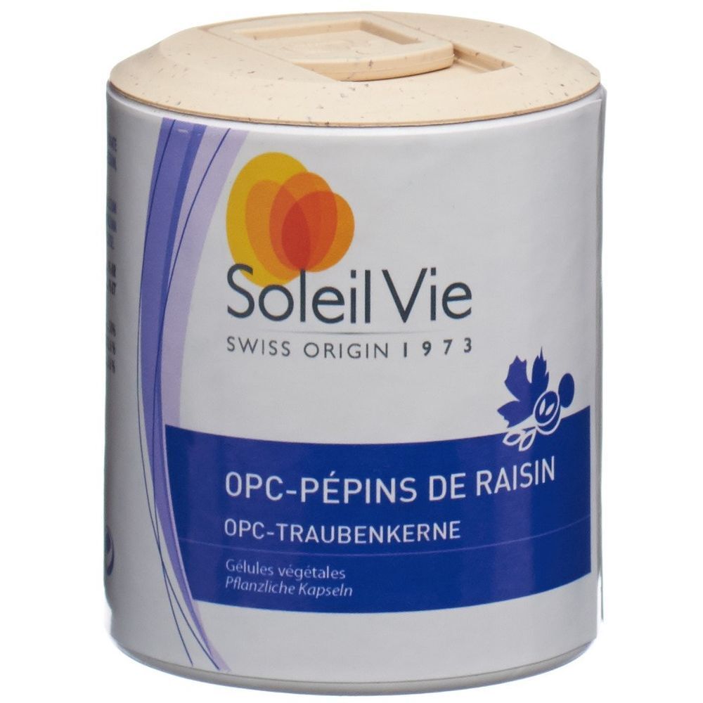 Zylindrische Dose mit Deckel. Aufschrift: Soleil Vie, OPC-Traubenkern. Blaue und gelbe Elemente.