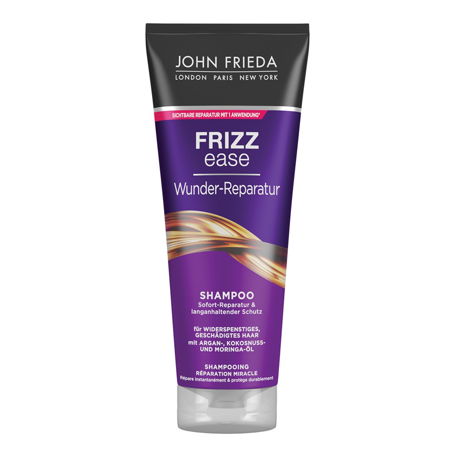 Violette Tube mit schwarzem Deckel. Aufschrift: JOHN FRIEDA, Frizz Ease Wunder-Reparatur Shampoo. Goldene Locken-Illustration.