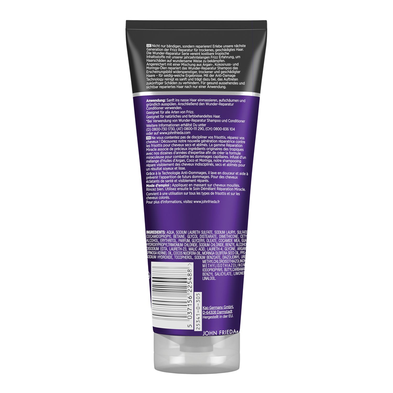 Rückseite einer violetten Tube. Schwarzer Deckel, transparente Basis. Text in mehreren Sprachen. Inhaltsstoffe und Barcode.