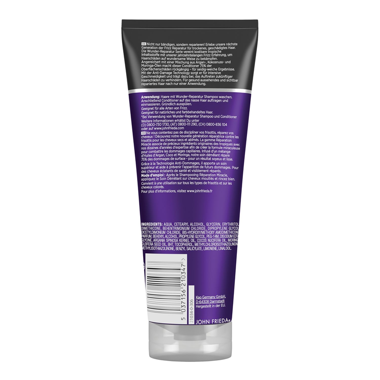Rückseite der Haarspülung-Tube. Schwarzer Deckel, violette Fläche mit Text. Inhaltsstoffe und Herstellerinformationen.