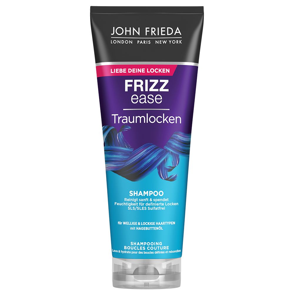 JOHN FRIEDA Frizz ease Traumlocken Shampoo. Tube mit blau-lila Design. Text: Frizz Ease, Traumlocken, Shampoo. Schwarzer Deckel, transparente Kappe.