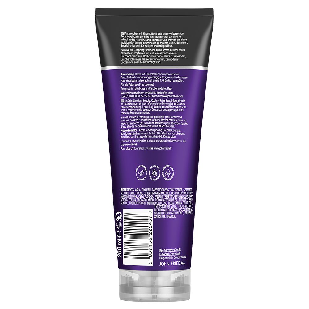 Rückseite der Tube JOHN FRIEDA Frizz Ease. Schwarzer Deckel, lila Hintergrund, Text. Inhaltsstoffe und Anwendungshinweise.