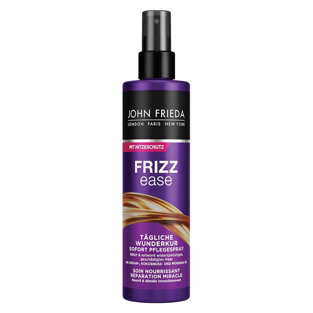 Lila Sprühflasche mit schwarzem Sprühkopf. Aufschrift: JOHN FRIEDA, Frizz Ease, Tägliche Wunderkur. Mit Hitzeschutz.