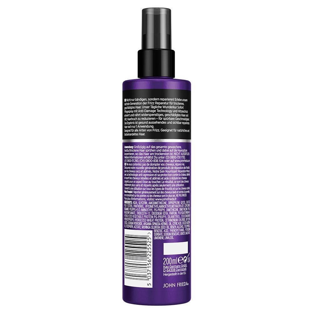 Rückseite einer lila Sprühflasche. Text mit Inhaltsstoffen und Anwendungshinweisen. Unten Barcode und Volumenangabe: 200ml.