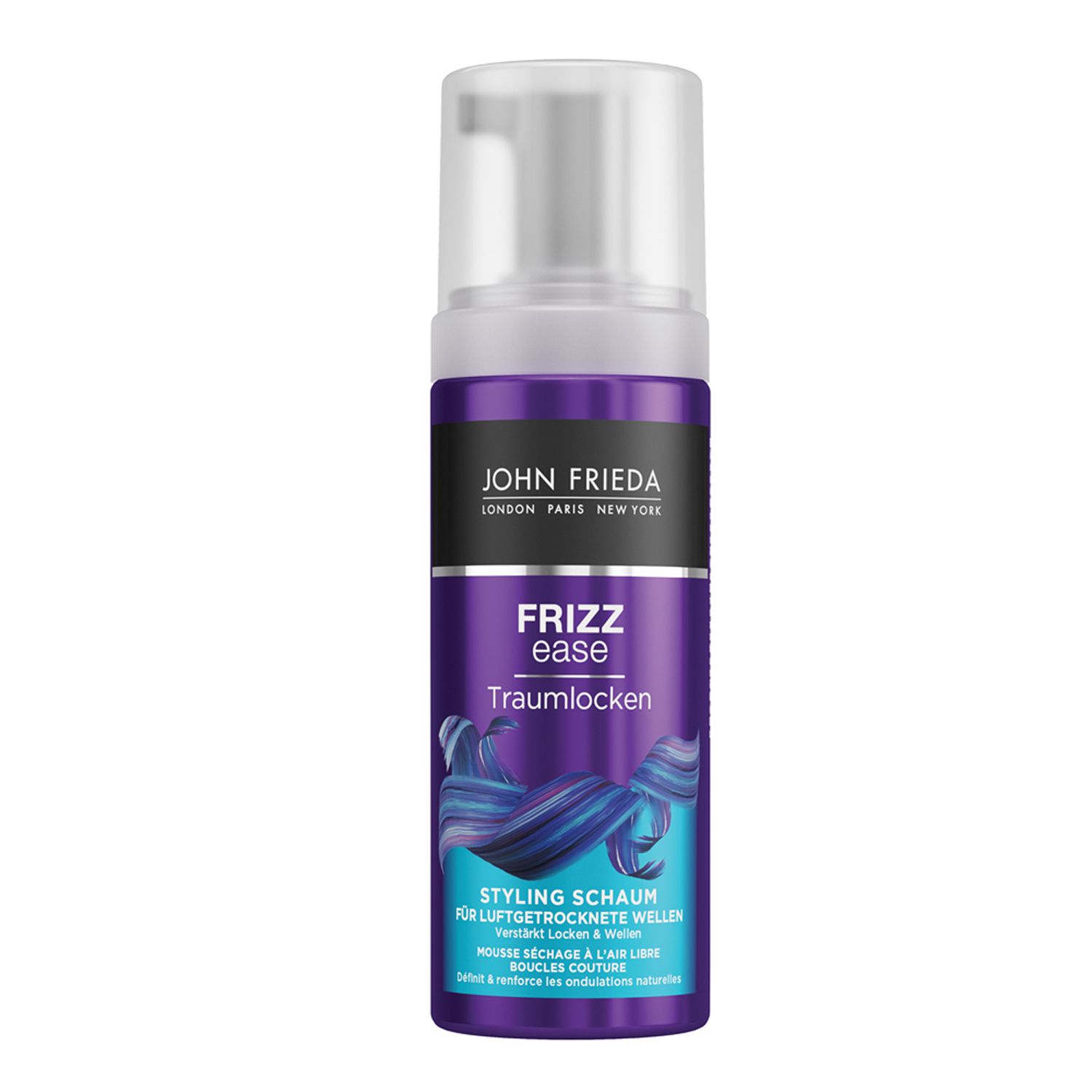 Flasche JOHN FRIEDA Frizz Ease Traumlocken Styling Schaum. Lila Flasche mit weißem Deckel. Text: Frizz Ease, Traumlocken.