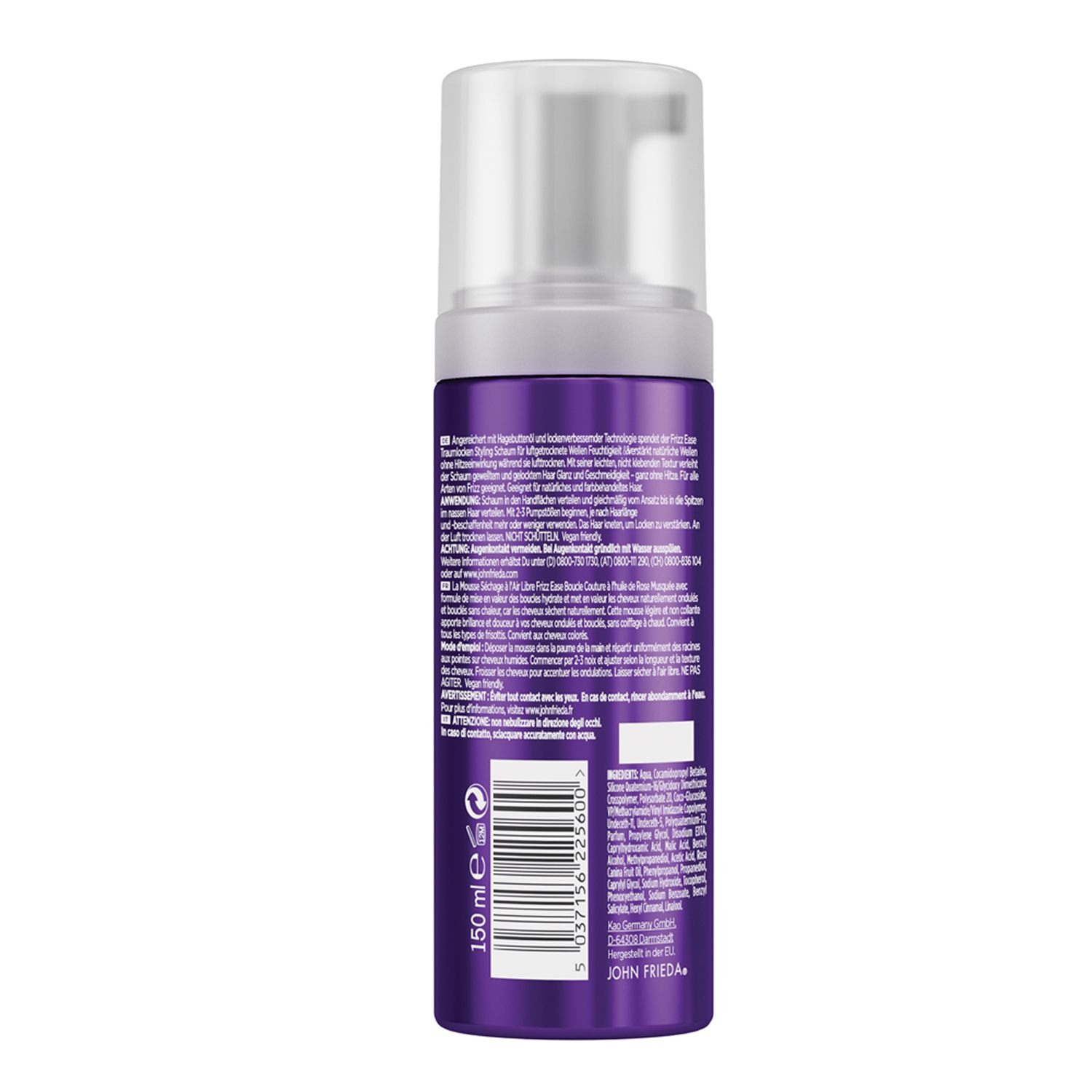 Rückseite der Flasche JOHN FRIEDA Frizz Ease Traumlocken Styling Schaum. Text in mehreren Sprachen. Barcode und Inhaltsangaben.
