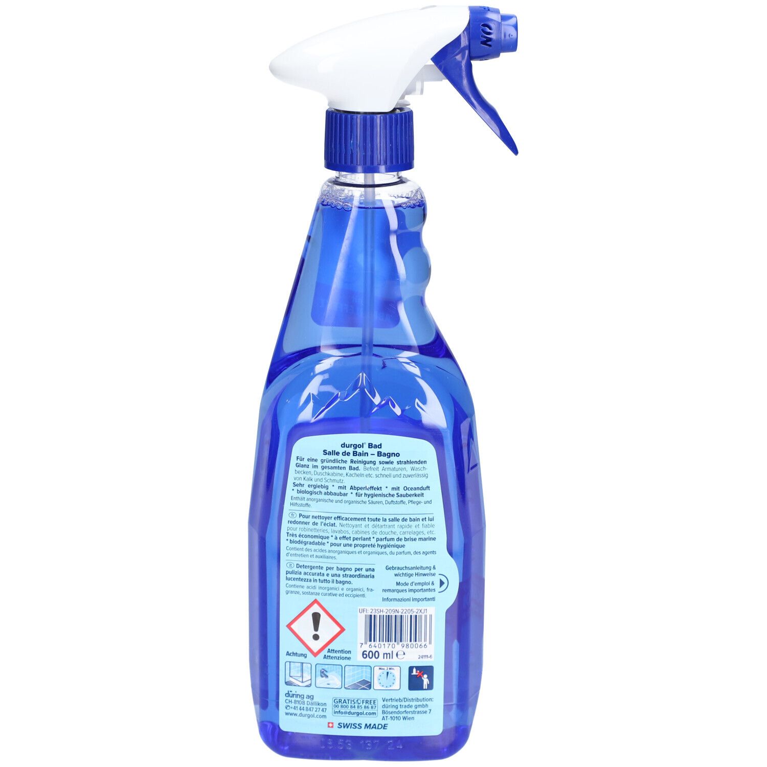 Dos du flacon pulvérisateur bleu. Inscription : durgol Bad, salle de bain. Avec avertissements et indication de volume : 600 ml.